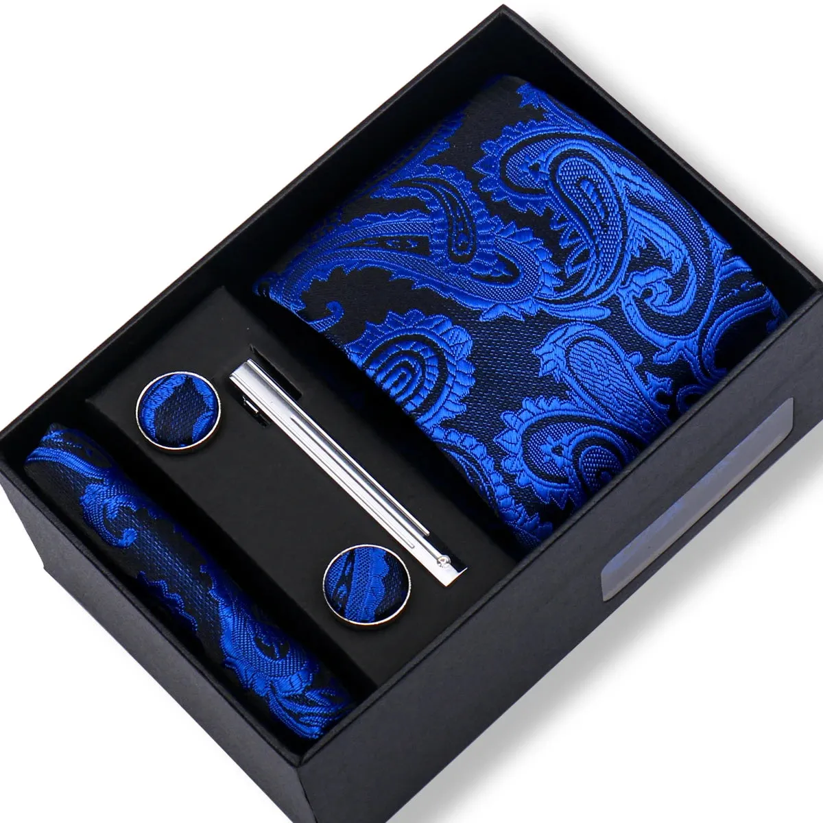 100% Silk Ties Gift Box Set – Designer Jacquard Necktie, Hanky, Cufflink, and Tie Clip for Men