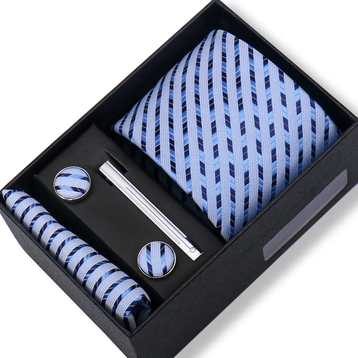 100% Silk Ties Gift Box Set – Designer Jacquard Necktie, Hanky, Cufflink, and Tie Clip for Men