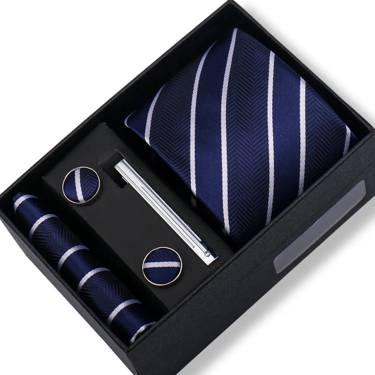 100% Silk Ties Gift Box Set – Designer Jacquard Necktie, Hanky, Cufflink, and Tie Clip for Men