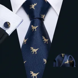 Men's Navy Gold Dinosaur Pattern Necktie Set | 8.5cm Silk Tie for Wedding & Business | Barry.Wang FA-5191